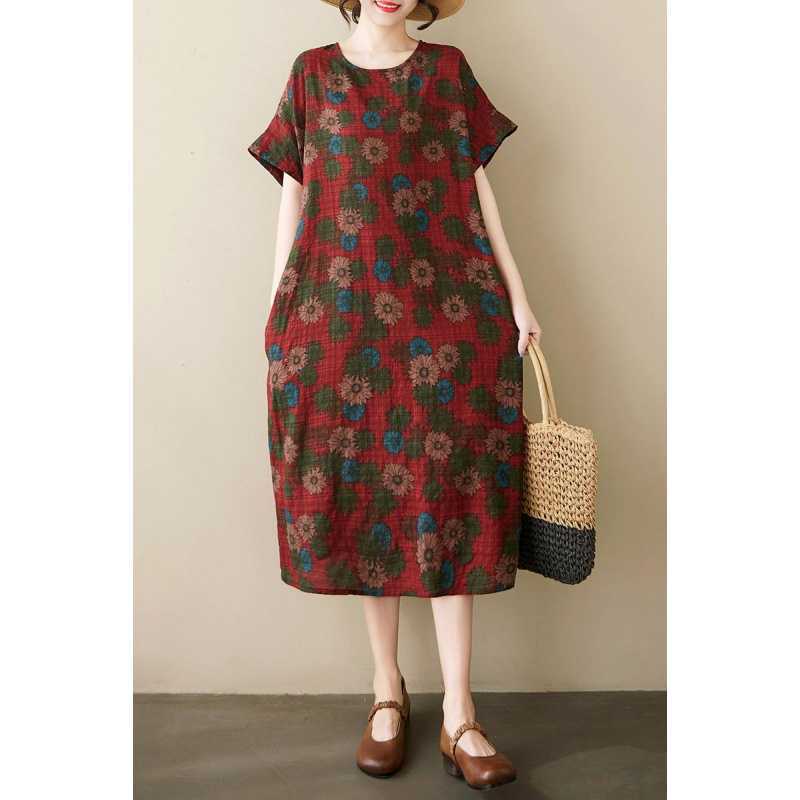 Summer Thin Cotton and Linen Retro Flower Art Knee Length Dress with Feminine Temperament