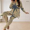 Women Plus Size Beige Star Printed Half Zip Long Sleeve Longline Top And Fitted Pants Two Piece Set