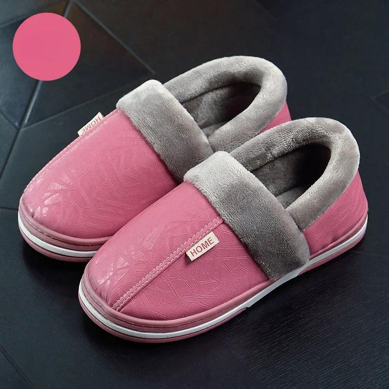 Men‘s Slippers Winter Indoor Women Warm Shoe Comfortable Waterproof PU Leather Slipper Couple Cotton Flat Shoes 2025 New