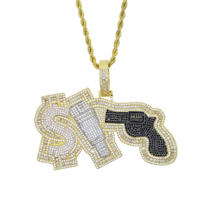 Iced Out Dollar Plug Pendant Necklace CZ Rhinestone Hip Hop Rapper Jewelry for Men золотой