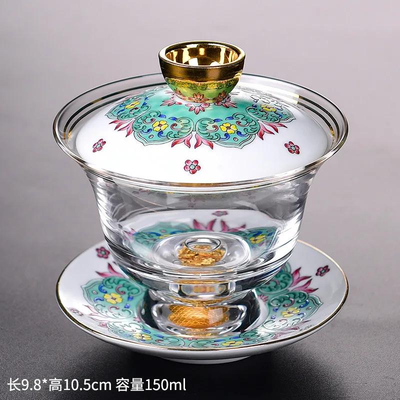 Enamel-painted glass covered bowl Pu er tea crystal tea bowl lotus hand-painted travel tea cup 150ml