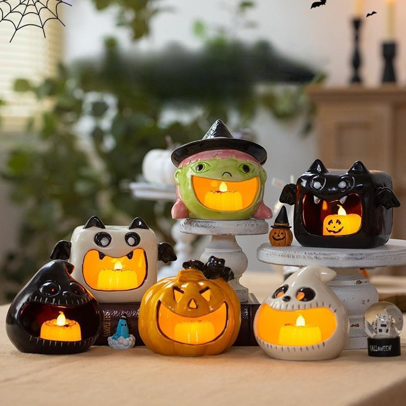 1 Pcs Pumpkin Lantern Halloween Funny Candlestick Ceramic Aromatherapy Candle Holder Home Party Atmosphere Desktop Decoration