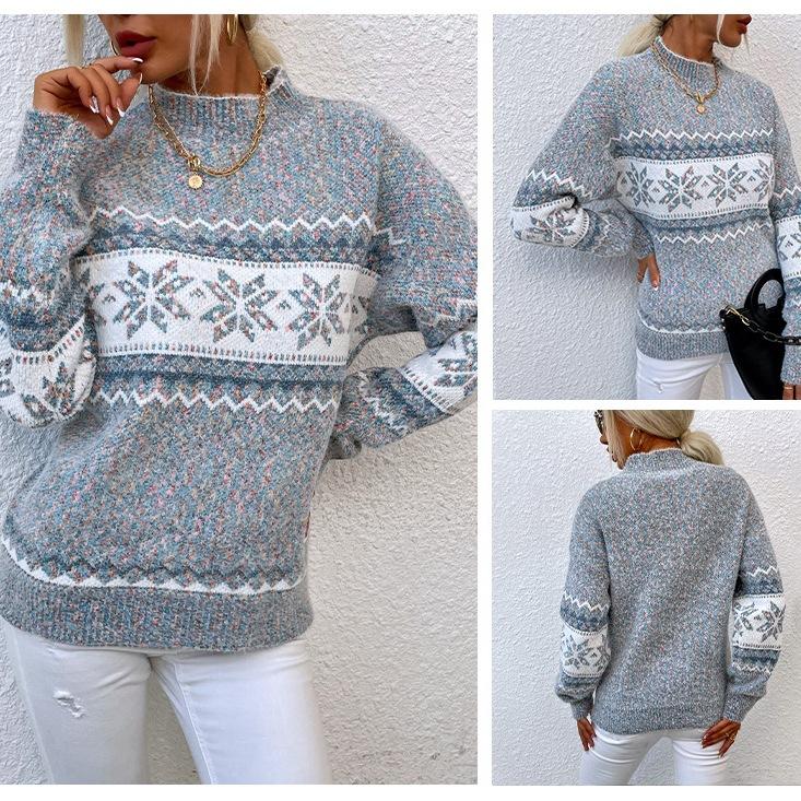 Popular OZON autumn and winter women's clothing Christmas snowflake pattern semi-turtleneck sweater needle