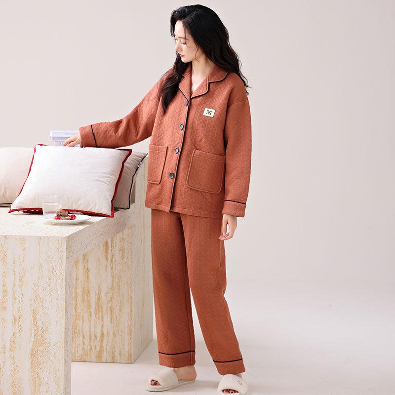 Pajamas Women'S Winter Thickened Pure Cotton Long-Sleeved Sandwich Air Cotton Autumn And Winter Loungewear Winter