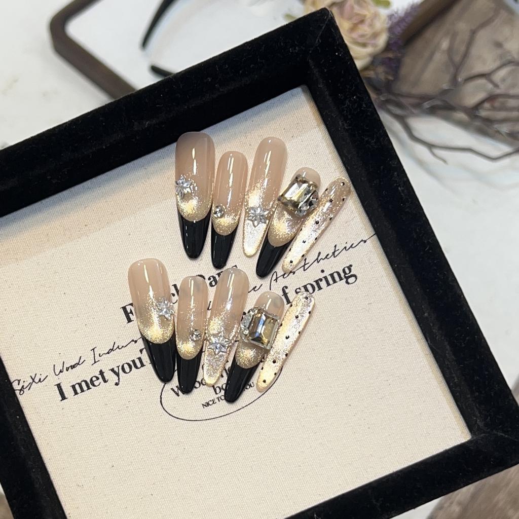 Pure Hand-woven Armor High-end Golden Light-chasing Cat Eye Nail Art Black French Flash Zircon Diamond Fake Nail Sheet
