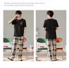 Summer Couple Pajamas Set: Women's Short Sleeve Plaid Top with Long Pants, Pure Cotton Casual Sportswear, Men's Plus Size, Spring/Summer Collection.