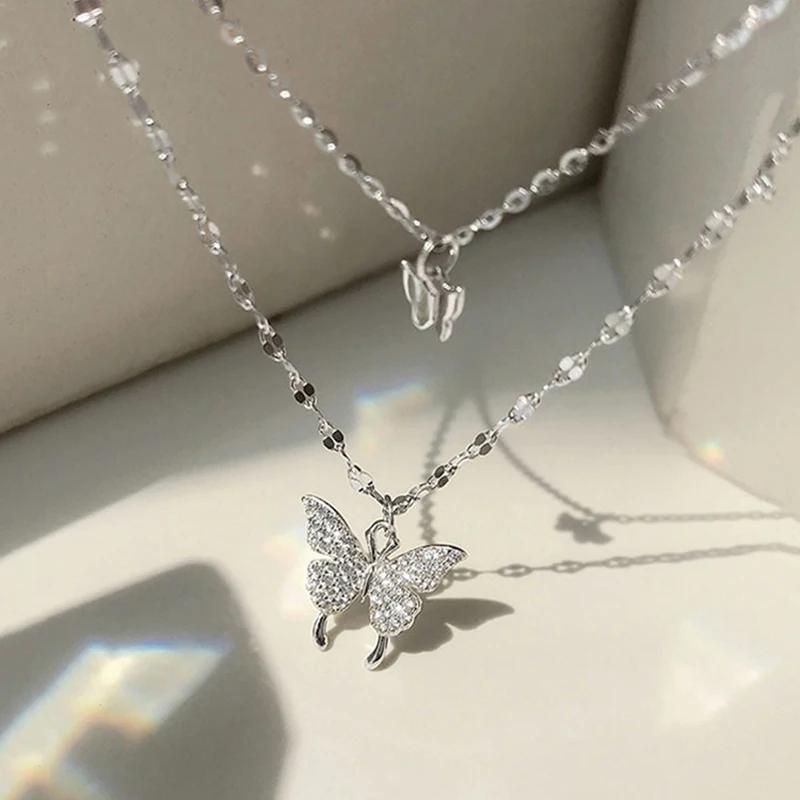 LATS Nouveau Collier Papillon Brillant pour Dames Exquis Double Couche Chaîne de Clavicule Collier Bijoux pour Dames Cadeau