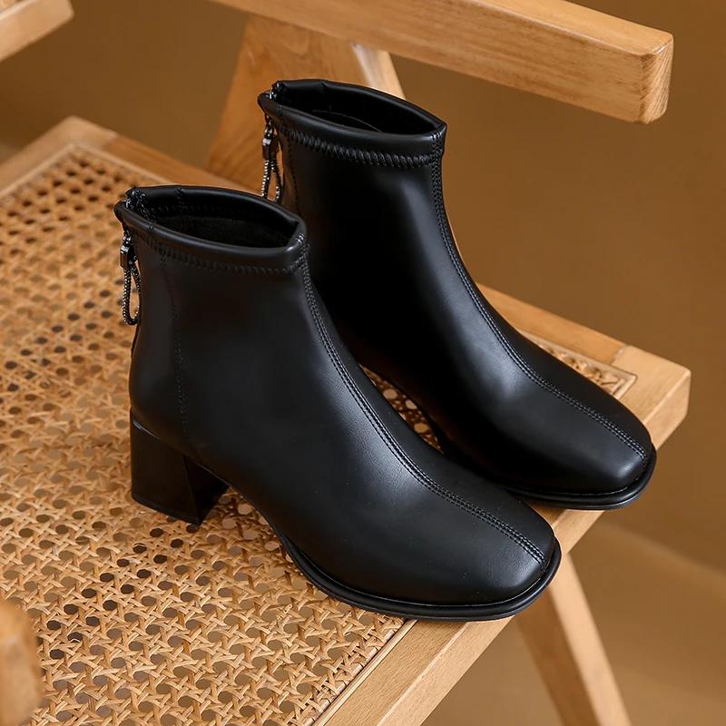 Low-barrel Elastic Thin Leather Women's Boots Square Head Rear Zipper British Fashion Short Boots for Women