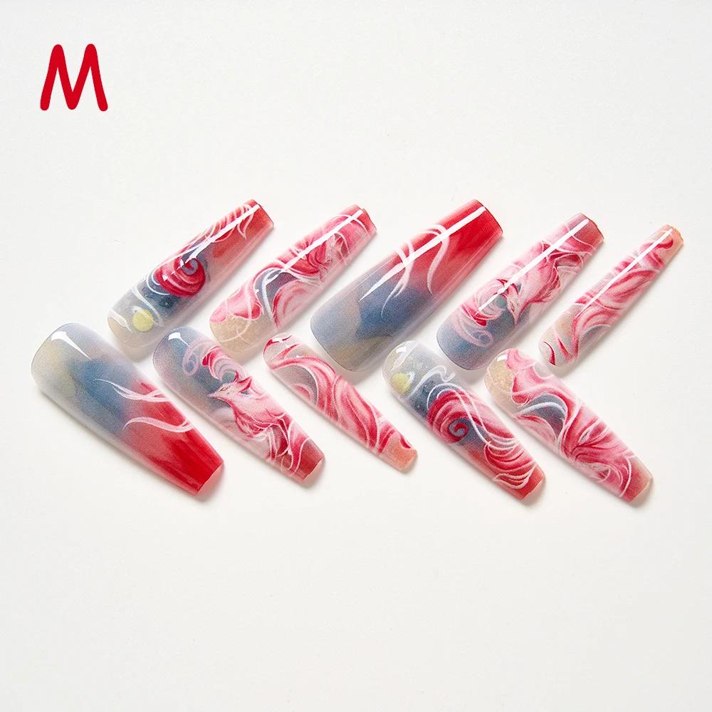 

BEPAN 10Pcs/set Lucky Nine-tailed Fox Printed Chinese Style False Nails Long Press-on Acrylic Fakes Nails Adhesive Unique Design