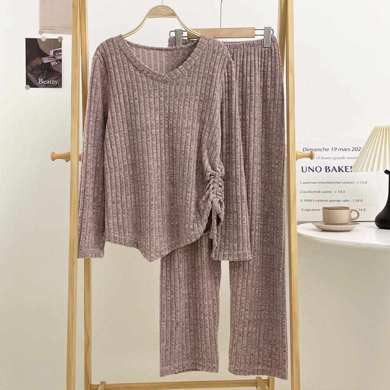 2025 Korean Women's Pajamas with Bra Pads: Knitted Long Sleeve & Pants, Plus Size, for Spring, Autumn, Winter