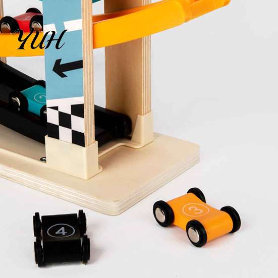 STEM Activity for Kids Wooden Ramp Racer Car Toy, 4 Numbered Mini Cars And Parking Lot Interactive Parent Child Play Design, Development Hand-eye
