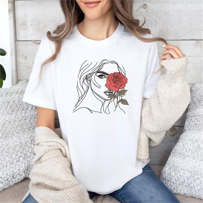 Letní top s kulatým výstřihem a potiskem Módní Ležérní Roztomilá dámská trička z čisté bavlny s krátkým rukávem