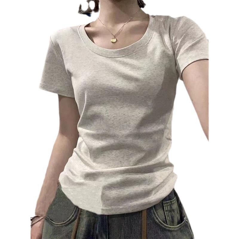 American Slim-fit Short-sleeved Inner with New Round Neck Front Shoulder Hong Kong Flavor Top Design Sense-shirt Women
