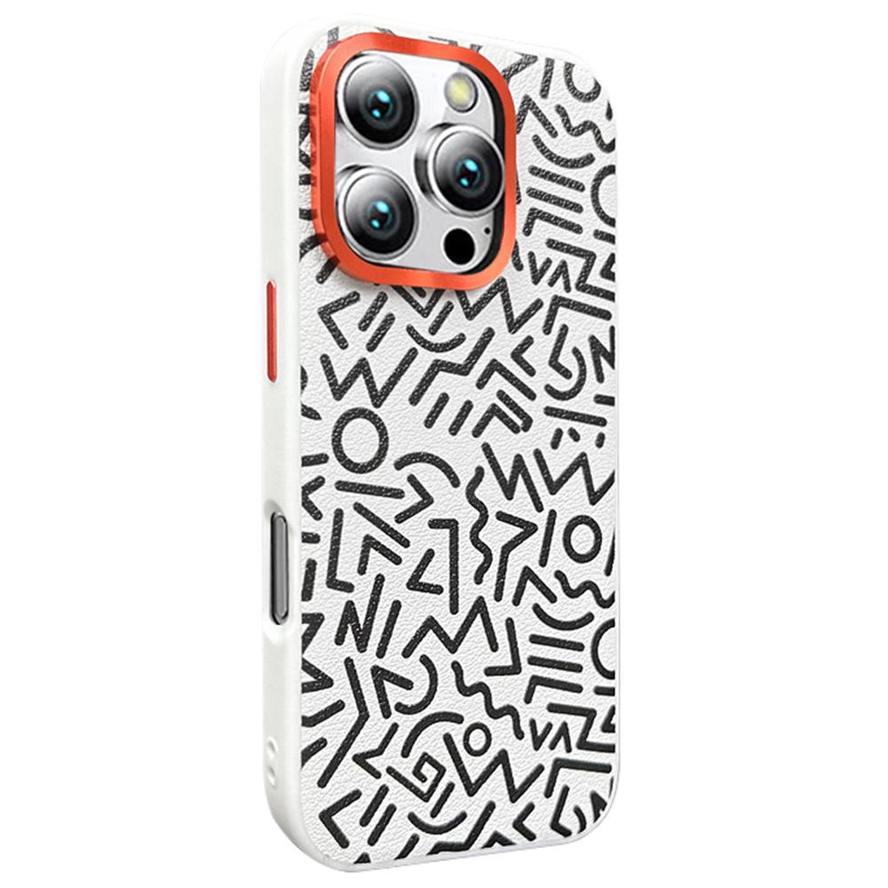 

For iPhone 16 Pro Max Case Pattern Graffiti PU+PC+TPU Phone Cover with Metal Lens Frame White