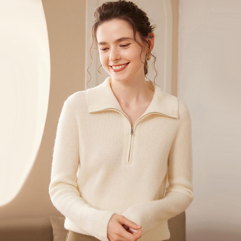Thick Half-Zip Color-Block Cashmere Loose Knit Korean Pullover