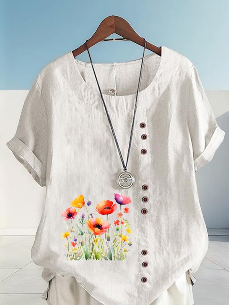 Women's Fashion Flower Print Casual Cotton Linen Short Sleeve Round Neck T-shirt Shirt Leisure Loose Summer Blouse Tops