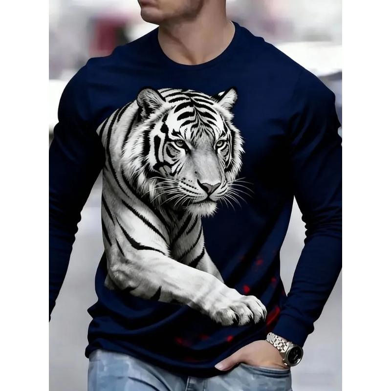 Autumn and Winter Men's Animal 3D Printed Crew Neck Long Sleeve T-Shirt