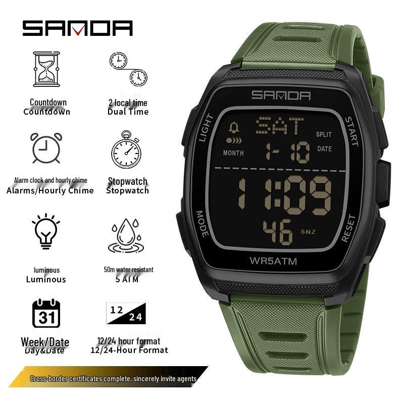Sanda Wasserdichte Sport-Chronographenuhr für Herren - Multifunktionales Tonnenförmiges Design