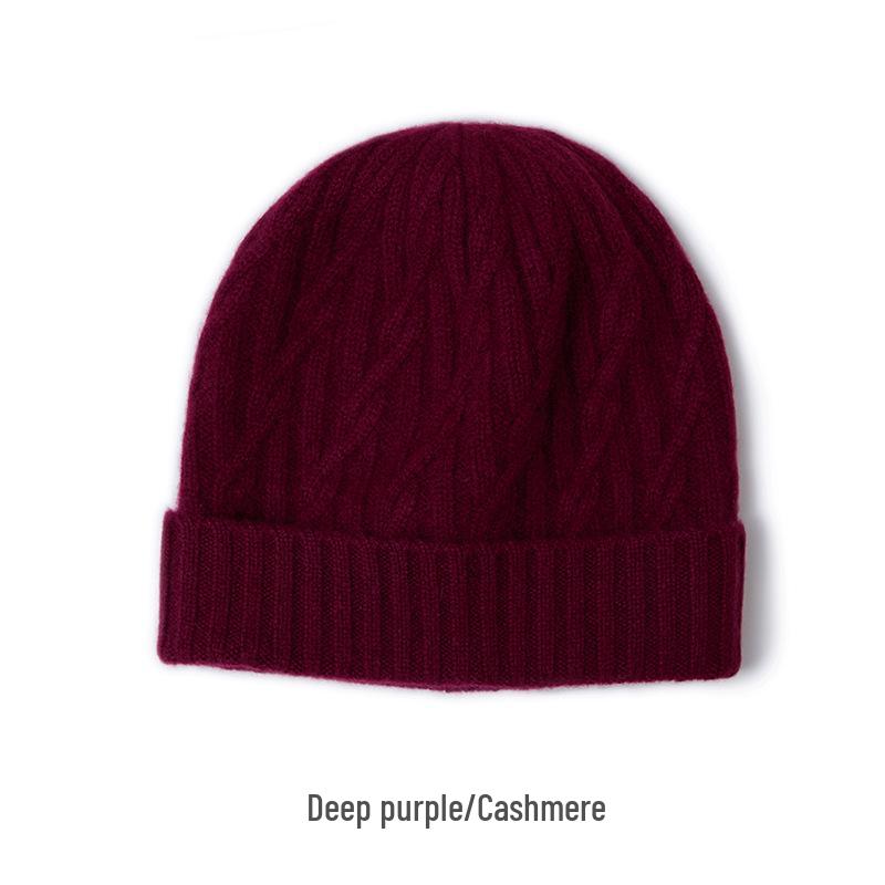 Women's Warm Cable Knit Turn-up Hat - Pure Cashmere, Ear Protection, Windproof, Solid Color for Autumn/Winter