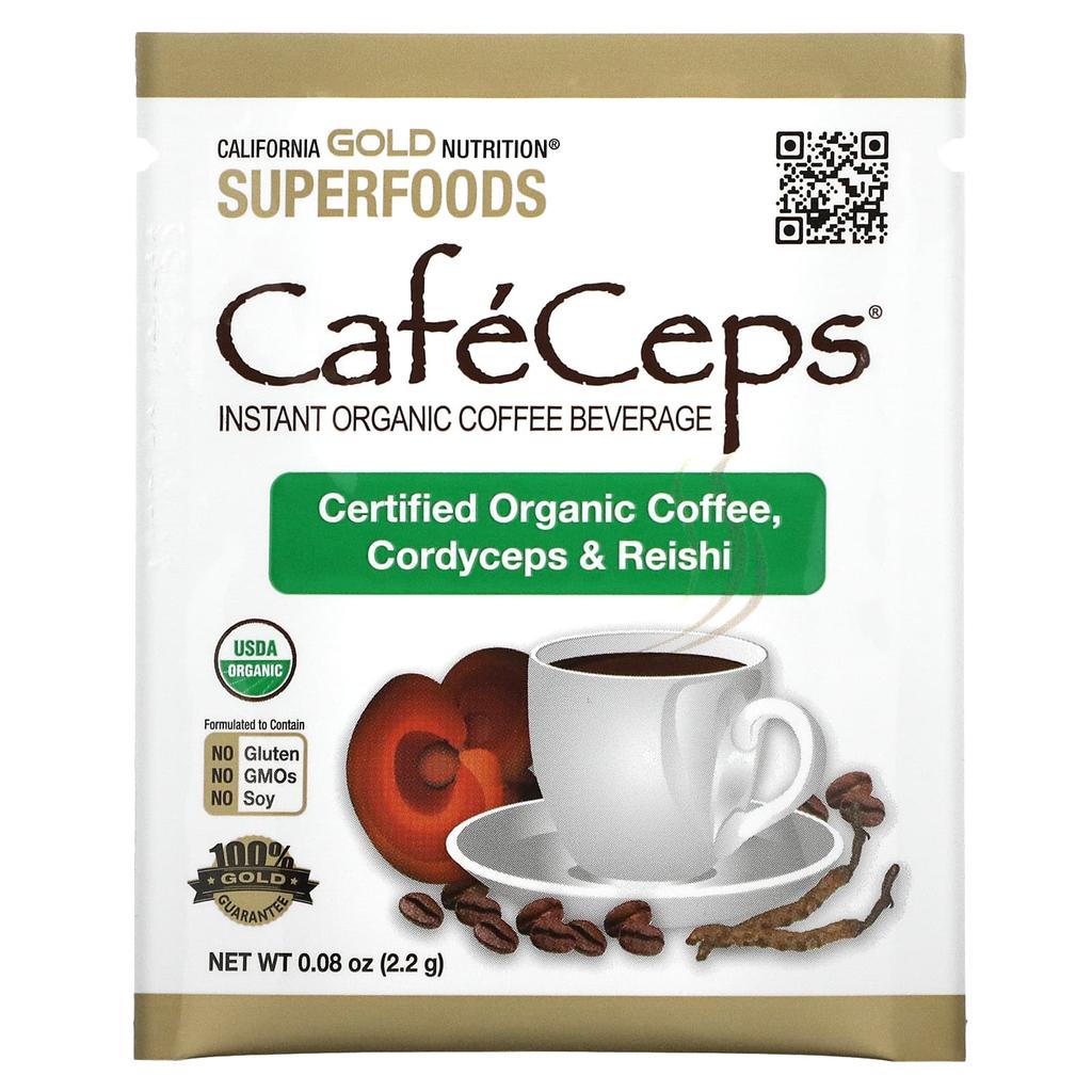Cafeceps, Certified Organic Instant Coffee with Cordyceps and Reishi Mushroom Powder, 30 Count, 2.2G (0.08Oz) Each