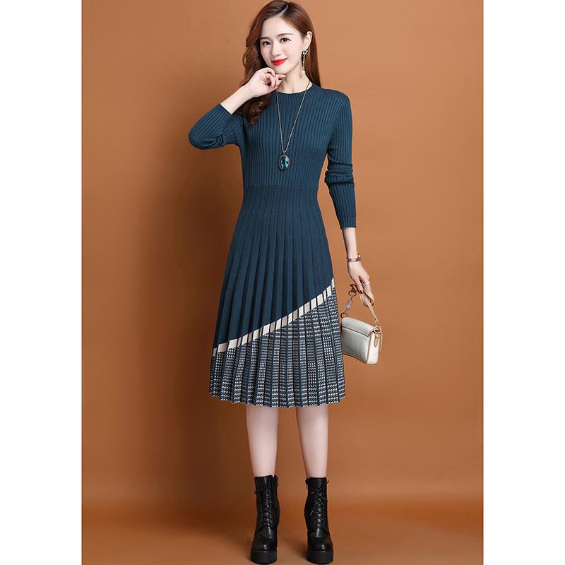 Hengyuanxiang 2025 Herbst/Winter Schlankmachendes Rundhals Modisches Gestricktes Wollkleid