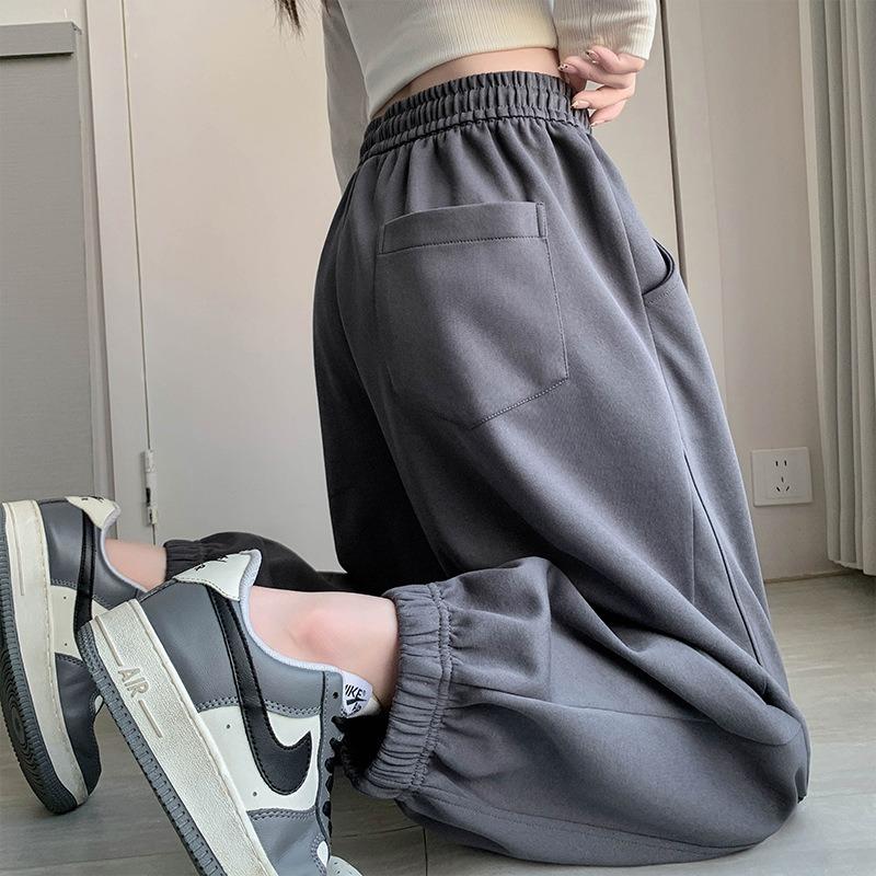 Gray sweatpants women's spring and autumn loose velvet tied feet new high-waisted and thin casual windproof sweatpants