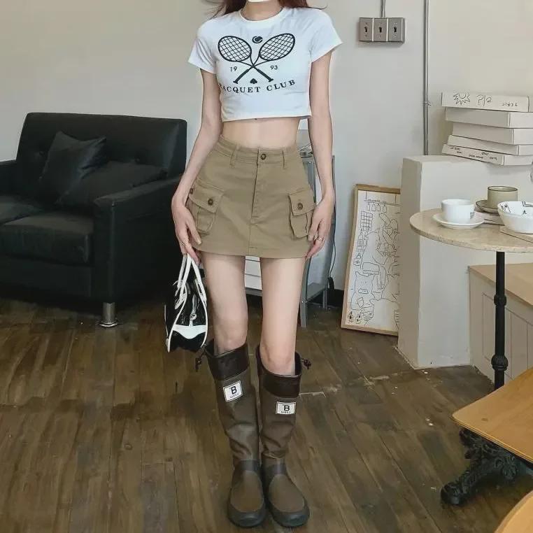 Women's High-Waisted Khaki A-Line Denim Skirt - Summer Retro Style, Anti-Exposure Design