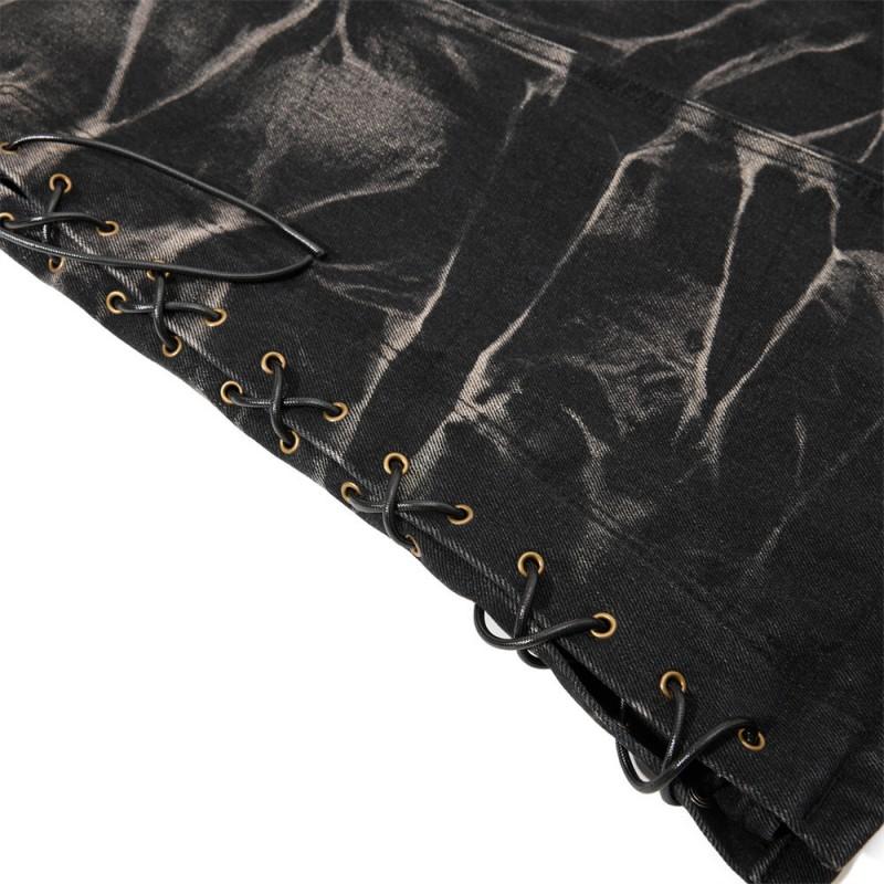 Mens Flared Denim Pants Punk Style Washed Distressed Jeans Button Fly Casual Trousers