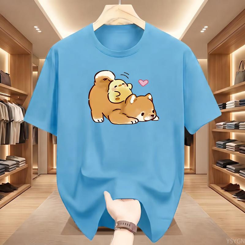 Kawaii Shiba Inu and Chick Graphic T Shirt Cute Cartoon Dog Print Summer Short Sleeve Loose Top Tee for Women