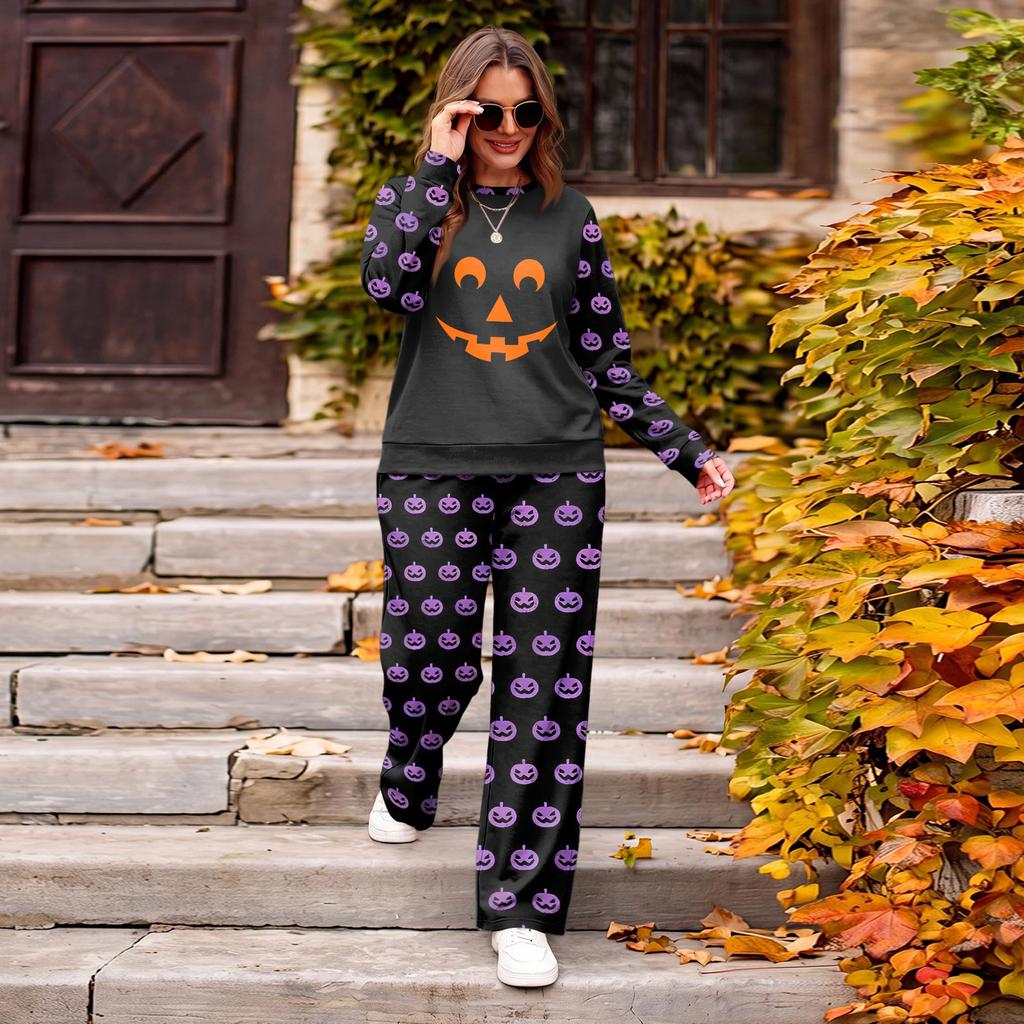 Women's Casual Loose Fit Crewneck Halloween Print Sweatshirt and Pants Set