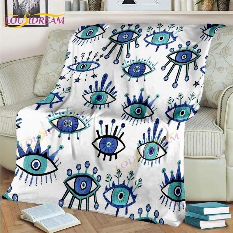 Bule Evil Eye Blanket Hamsa Hand Psychedelic Blanket for Travel Bedding Chair Adult Lightweight Bohemian Style Blanket Tapestry