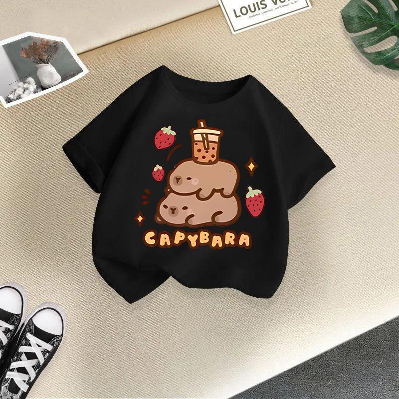Kinder T-Shirt Capybara Aufdruck Kinder 100% Baumwolle Kleidung Oberteile 2-13J Locker geschnitten Lässig Rundhalsausschnitt Kurzarm T-Shirt
