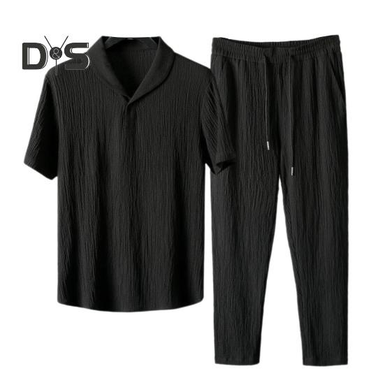 2 ks/sada Muži letní oblečení pro volný čas klopa tričko s krátkým rukávem elastická šňůrka v pase dlouhé kalhoty sada sportovního oblečení tepláková souprava jogger