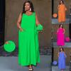 Women's Sleeveless Maxi Dress with Lace-up Straps and Side Pockets, Available In Multiple Colors