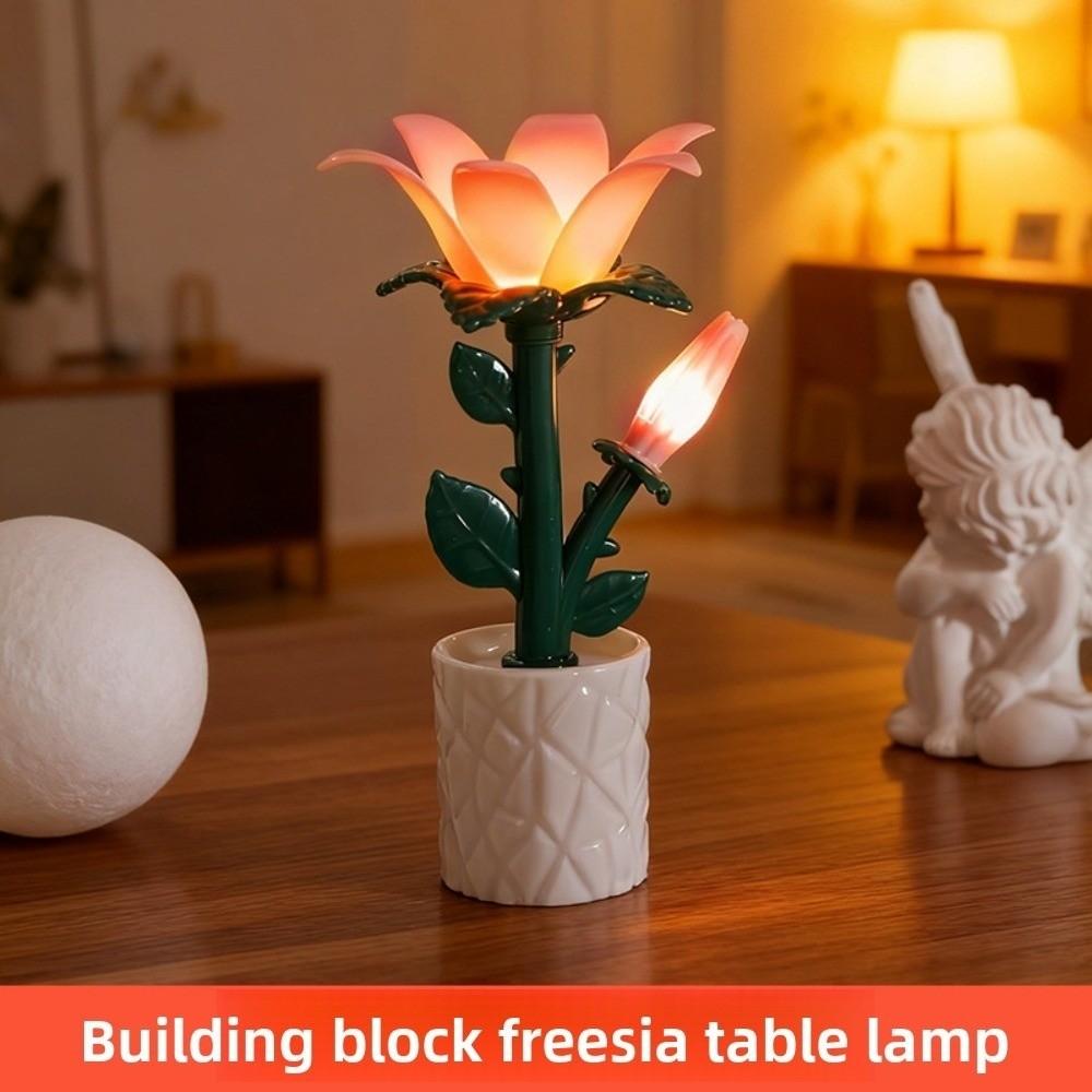 Pink Flower Table Lamp Plastic Potted Plant Atmosphere Night Light Building Block Style Tulip/Rose/Azure Orchid Bedside Lamp
