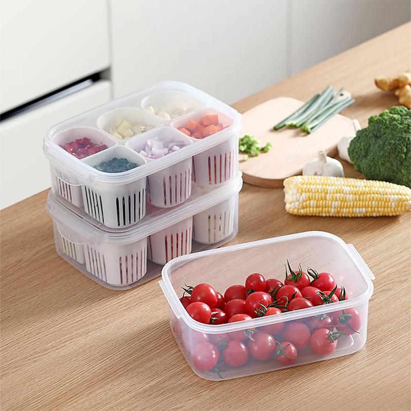 1 Piece Refrigerator Food Storage Containers with Lids Food Fresh Box with 6 Pcs Detachable Drain Basket for Onion Ginger YY067