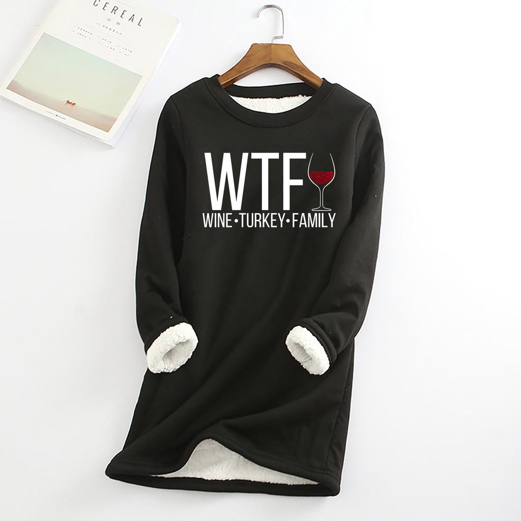 Ladies Thickened Wine Turkey Family Thanksgiving Funny Family Fleece Sweater  Warm O-Neck Underwear Top