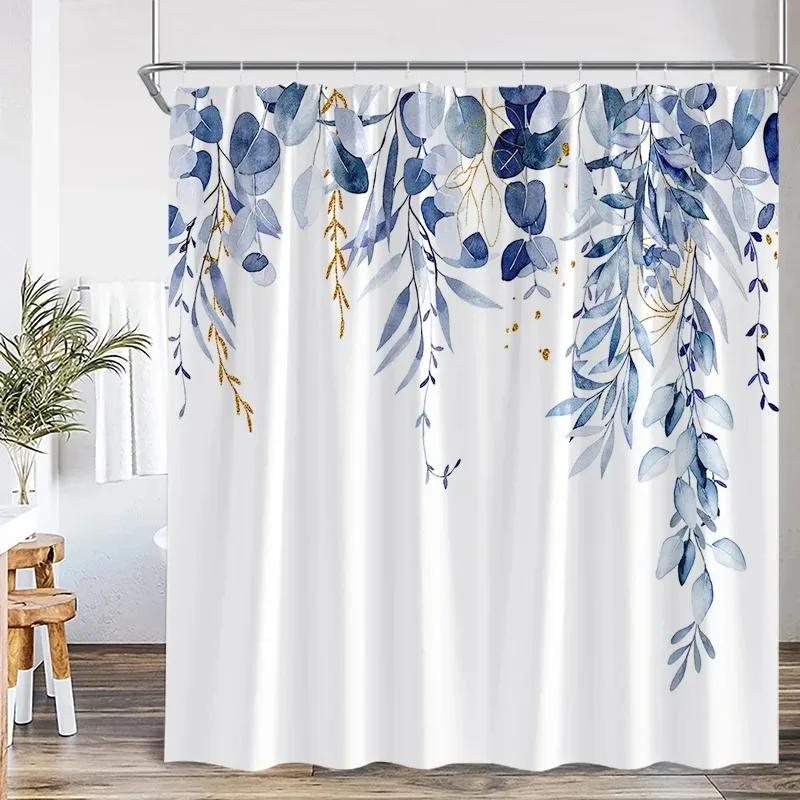Blue Leaf Watercolor Plant Shower Curtain Modern Minimalist Home Bathroom Decorative Fabric Shower Curtain with Hook
