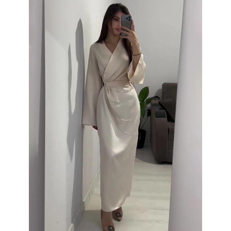 Fashion Style Loose Temperament Metal Decoration V Neck Tied Dress Loose V-neck Tie up Dress