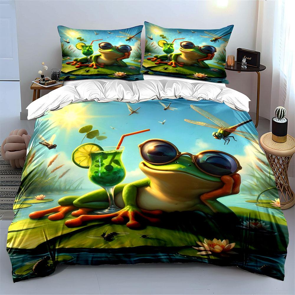 Relaxing Frog With Drink Print Bedding Set 1 Duvet Cover 2 Pillowcases For Adult And Children Luxury Gift Full Size