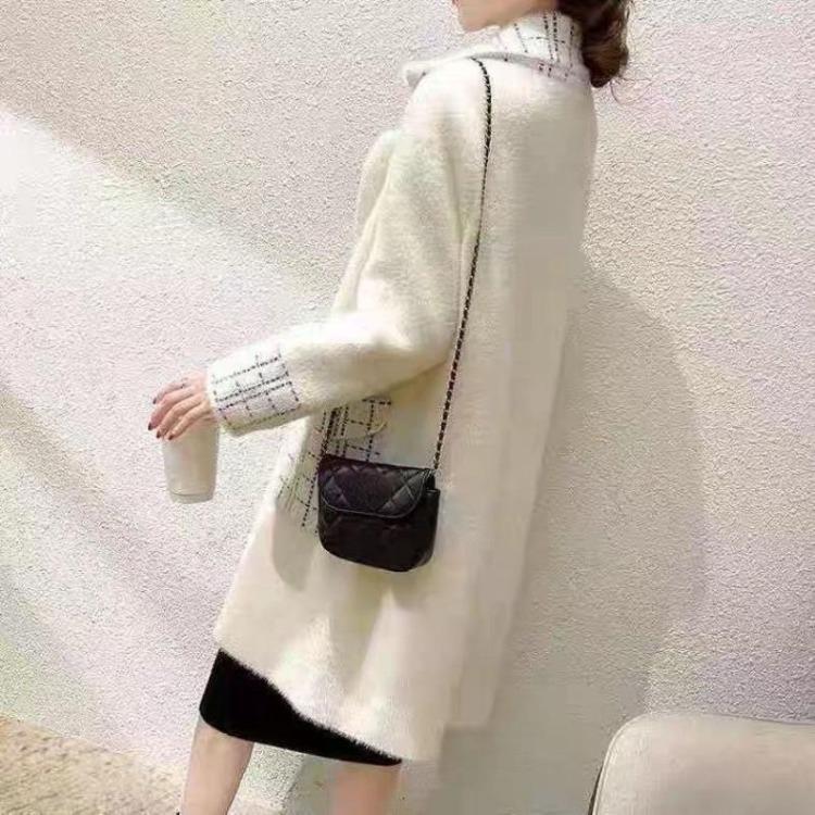 Autumn Winter Women Coat New Mink Velvet Thick Loose Sweater Collar Medium Long Knitted