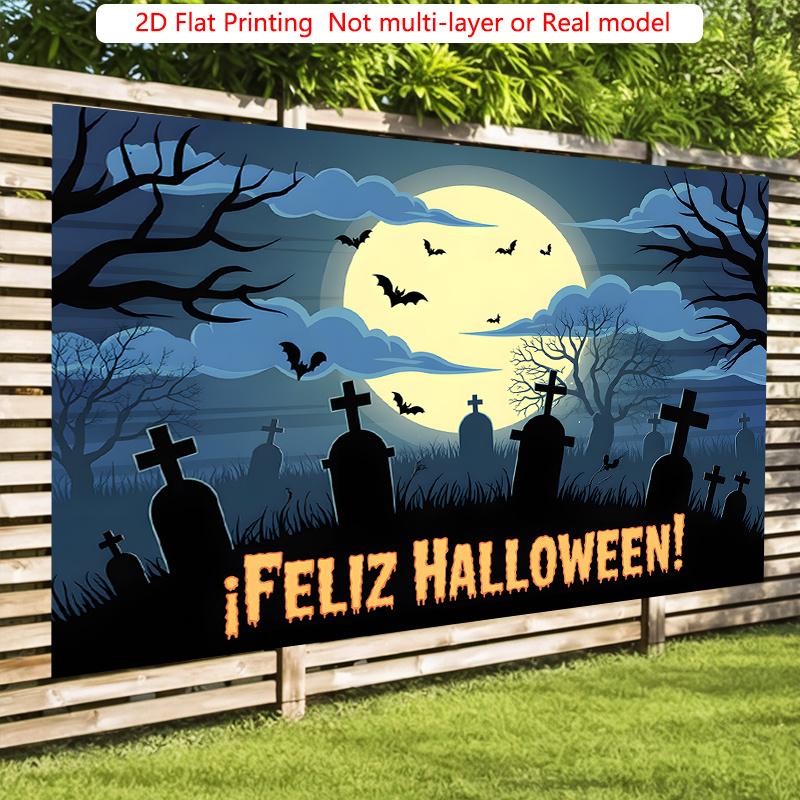 Party Backdrop Halloween Flat Spooky Cemetery Crosses Bats Event Photo Background Party Decor