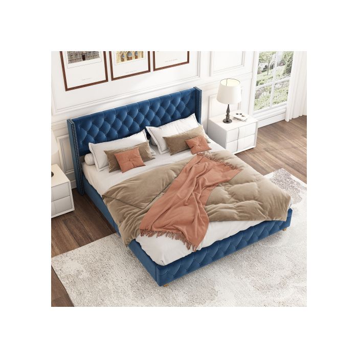 Pat capitonat 160x200 cm - Catifea albastră - Somieră cu lamele - Tăblie cu capse - Picioare din lemn masiv