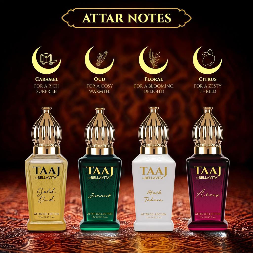 Taaj Attar | Langanhaltendes Unisex-Geschenkset für Mann und Frau 4x12ml | Karamell, Zitrone, Zimt und Moschus | Alkoholfrei | Oud, Blumig, Moschus |