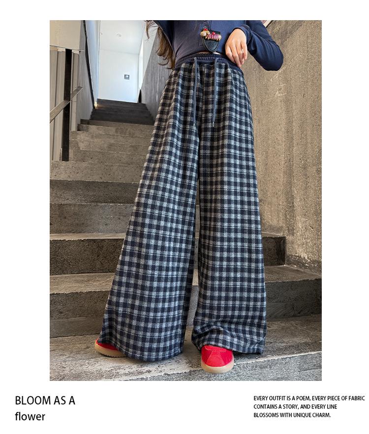 Girls' Plaid Wide-Leg Pants 2025: New Children's Loose Spring & Autumn Casual Straight-Leg Trousers for Big Kids