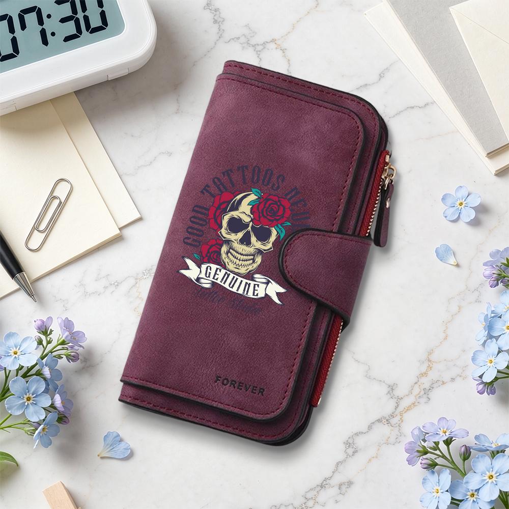 Skull Rose Pattern Long Wallet Multi Card Slot Coin Purse