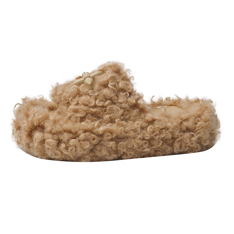 Korean version of cross flower fluffy slippers women's 2025 autumn and winter new fashion open-toed thick-bottomed flat-bottomed cotton slippers wome