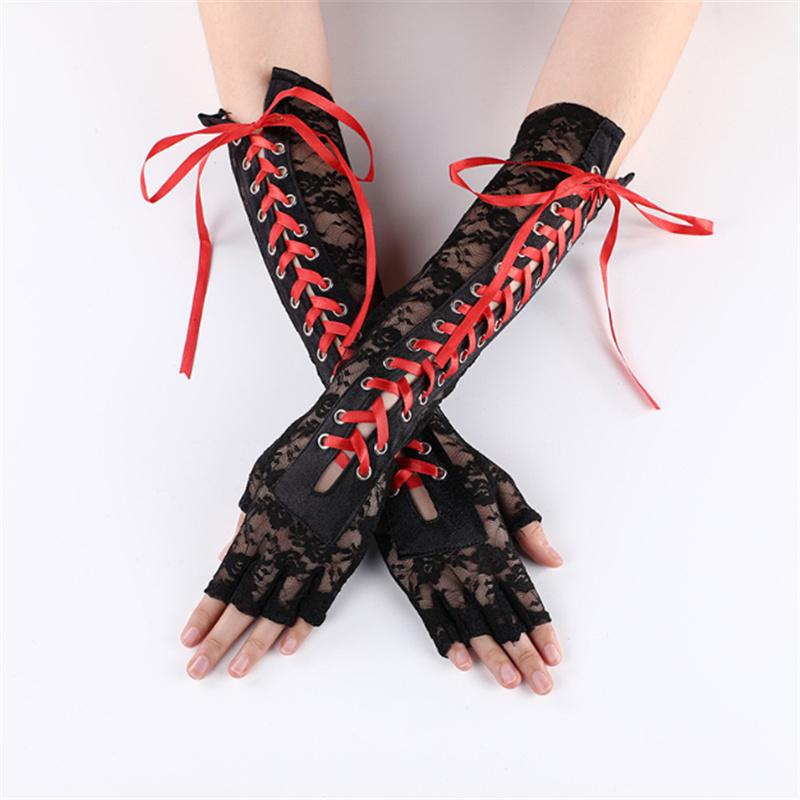 Sexy Lace Long Gloves Winter Elbow Length Half-finger Ribbon Fingerless Fishnet Mesh Etiquette Party