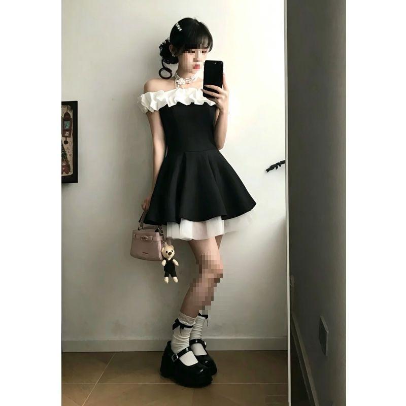 French Hepburn style shoulder spice girl dress women contrasting color splicing waist thin ballet style fluffy short skirt S