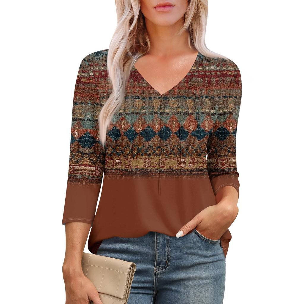 Women's Casual Tops V Neck Pull Stripe Prints Seven Sleeve Tops